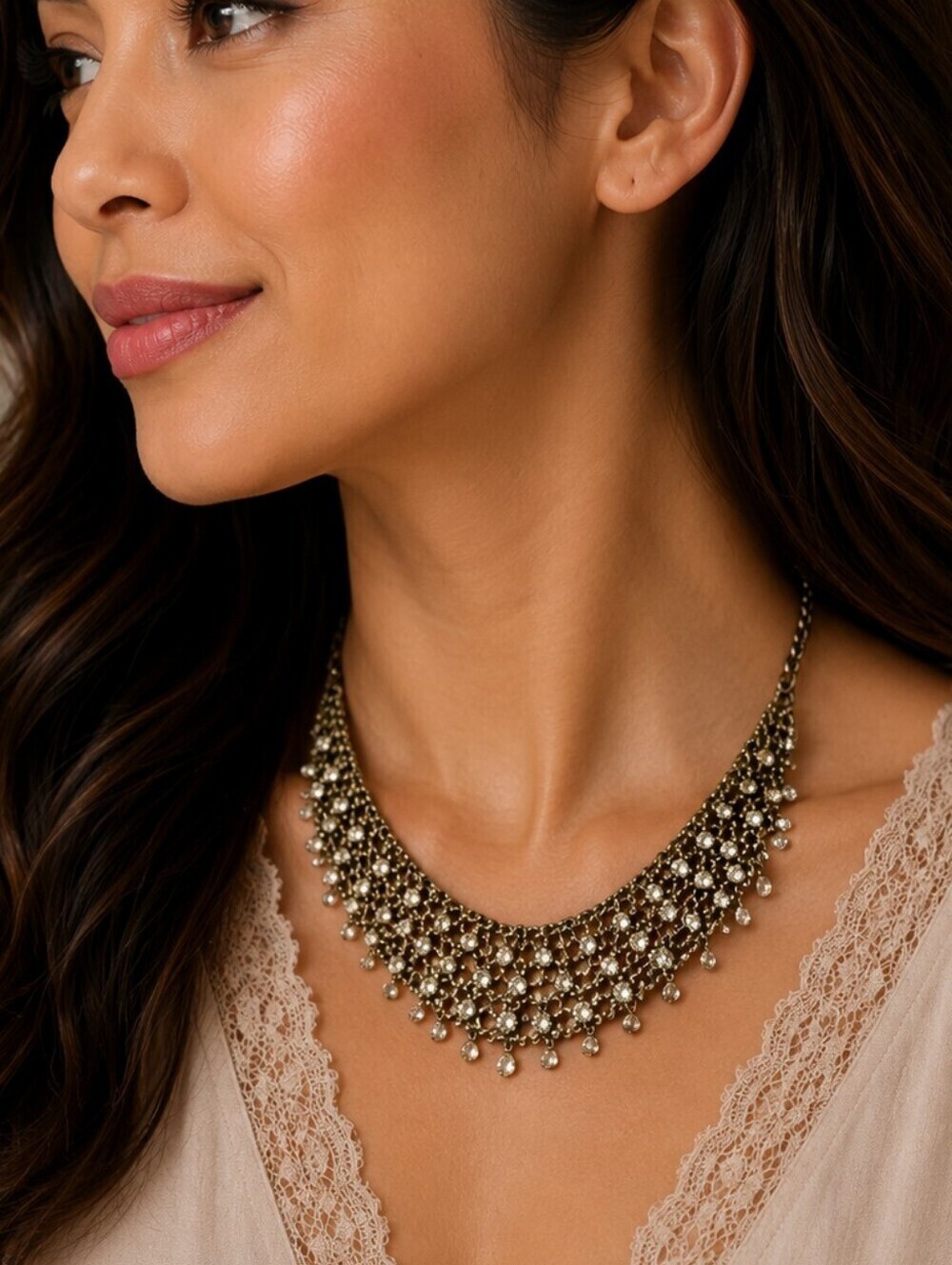Goldtone Chainmaille Rhinestone Bauble Bib Chain Festival Necklace